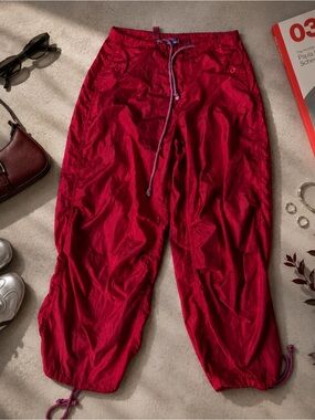 Red Pink Nylon Parachute Cargo Pants Drawstring Y2K Joggers